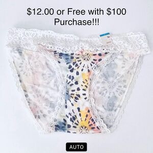 NWT SO M 98% Cotton White Purple Boho tie Dye Print Daisy Lace Boybrief Panty